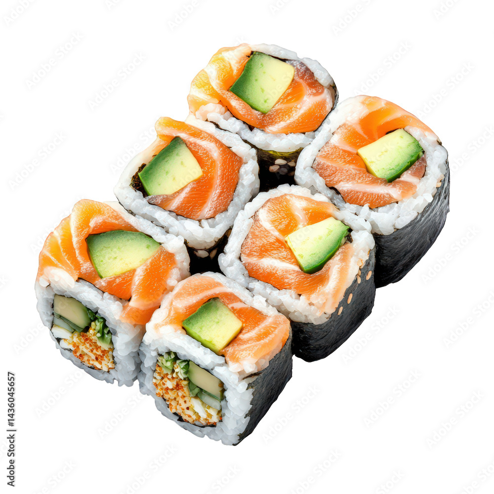 Poster close-up view of sushi rolls. showcasing a variety of ingredients including salmon and cucumber. arr
