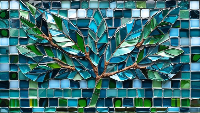 Juniper leaf bluish green glass mosaic abstract design pattern artwork