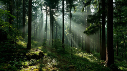 Fototapeta premium A lush forest landscape with natural greenery and soft lighting, perfect for eco-friendly themes or nature backdrops.