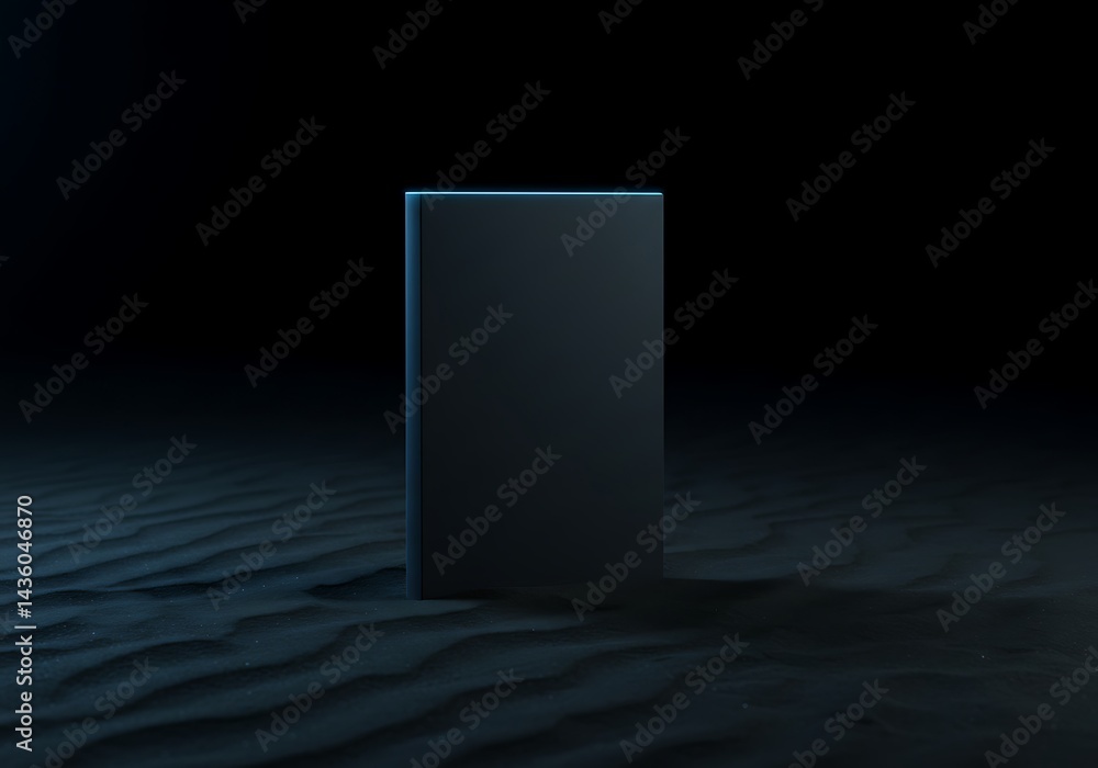 Poster minimalist composition featuring a dark monolithic block on textured surface