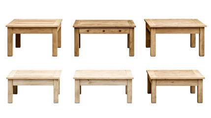 Set of natural wooden coffee tables in rustic farmhouse style with slatted tops on transparent background.