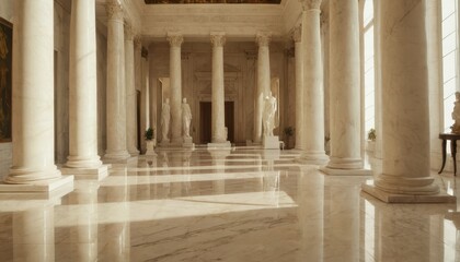 Grand Hallway with Marble Flooring and Classical Statues Architectural Photography