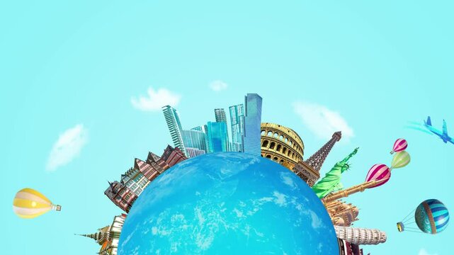 2D animation. World religious and architecture monuments- collage or globe from different religions from Asia, Africa and Europe.