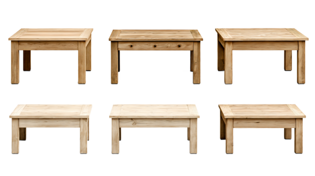 Set of natural wooden coffee tables in rustic farmhouse style with slatted tops on transparent background.