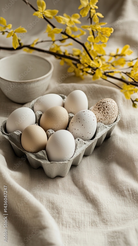 Poster Decorative eggs arranged in a carton with spring flowers and a bowl on a soft fabric background