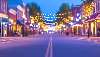 Twilight scene of a charming, tree-lined street with softly lit shops and a gentle road