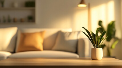 Cozy living room corner, bright sunlight streaming on soft couch with decorative pillows, green plant adding freshness, perfect for relaxation.