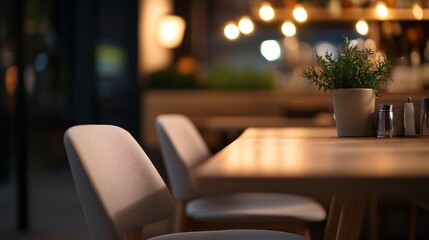 Modern dining space with elegant chairs, warm lighting creating inviting atmosphere, perfect for gatherings and meals.