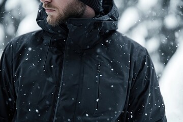 Close-up of a dark winter jacket in snowy weather