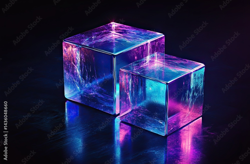 Aufkleber colored ice cubes with vibrant reflections on a dark surface create a mesmerizing visual effect in a