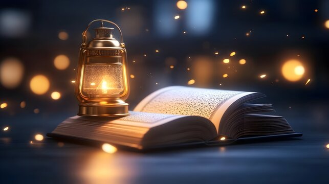 A glowing oil lamp rests atop an open, ancient book, illuminated by warm, ambient light and sparks