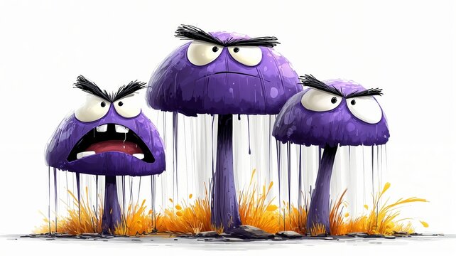 Tres hongos morados con expresiones enojadas est&aacute;n de pie en un lecho de hierba naranja.
