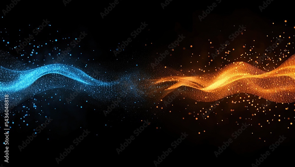 Poster colorful waves of particles create a dynamic interaction between blue and orange elements in a dark 