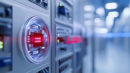 Data center equipment, modern server racks with vivid indicator lights, high-tech environment emphasizing connectivity and innovation.