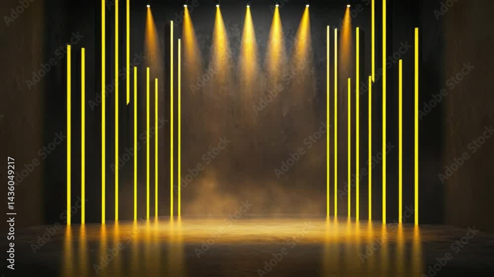 Aufkleber dramatic yellow light beams illuminate empty stage in dark environment for performance or event back