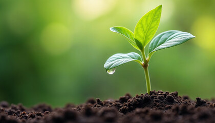 Naklejka premium A delicate young plant with a water droplet on its leaf, sprouting from rich soil, symbolizing growth, freshness, and environmental care