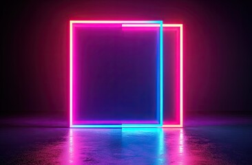 Neon light squares create a vibrant atmosphere in a dark space, showcasing glowing colors and reflections