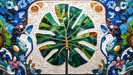 Monstera leaf smalt mosaic abstract design pattern artwork