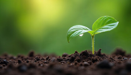 A delicate young plant with a water droplet on its leaf, sprouting from rich soil, symbolizing growth, freshness, and environmental care