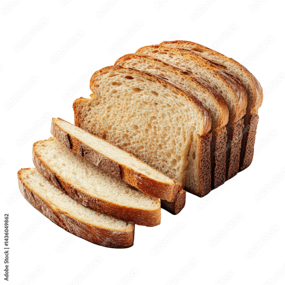 Poster loaf of sliced bread. showcasing its golden-brown crust and soft interior the slices are neatly arra