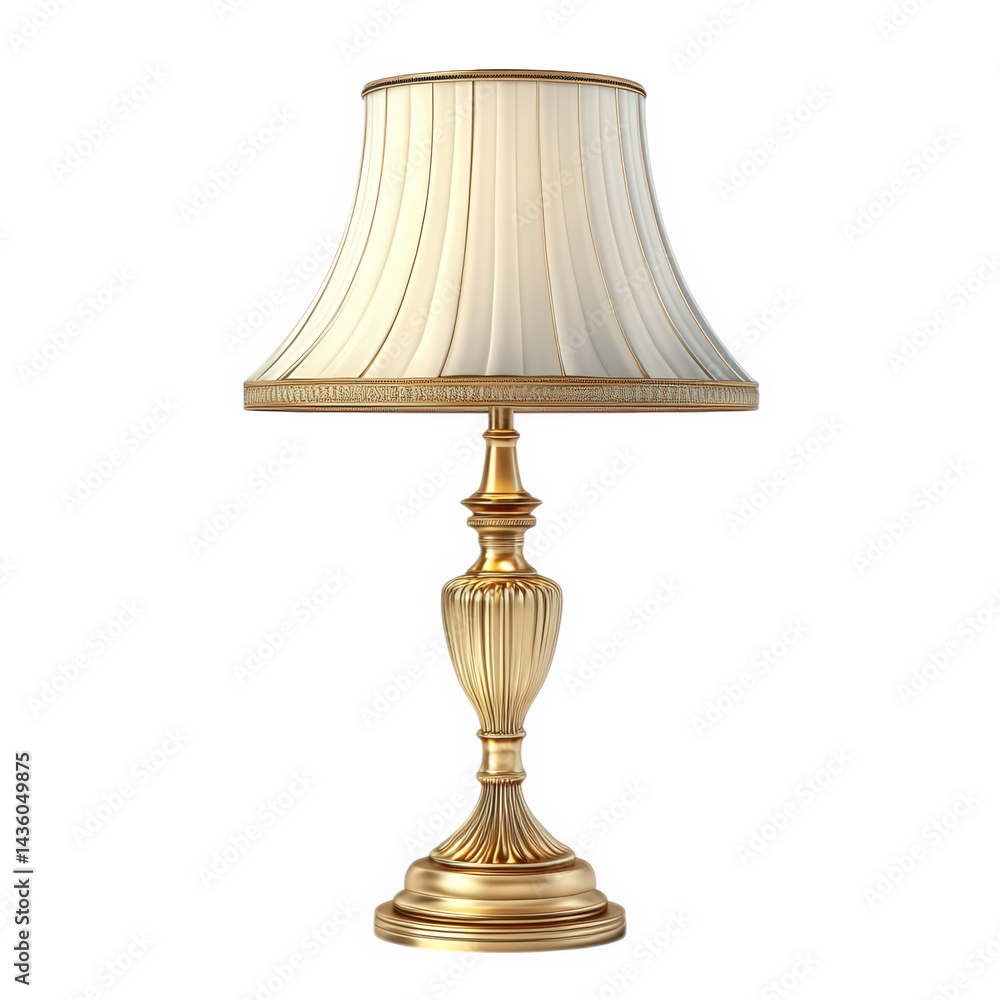 Poster n elegant table lamp with a gold base and a pleated fabric shade. designed to provide ambient lighti
