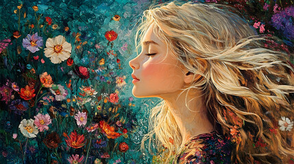 Naklejka premium A young woman with blonde hair, amidst vibrant wildflowers.