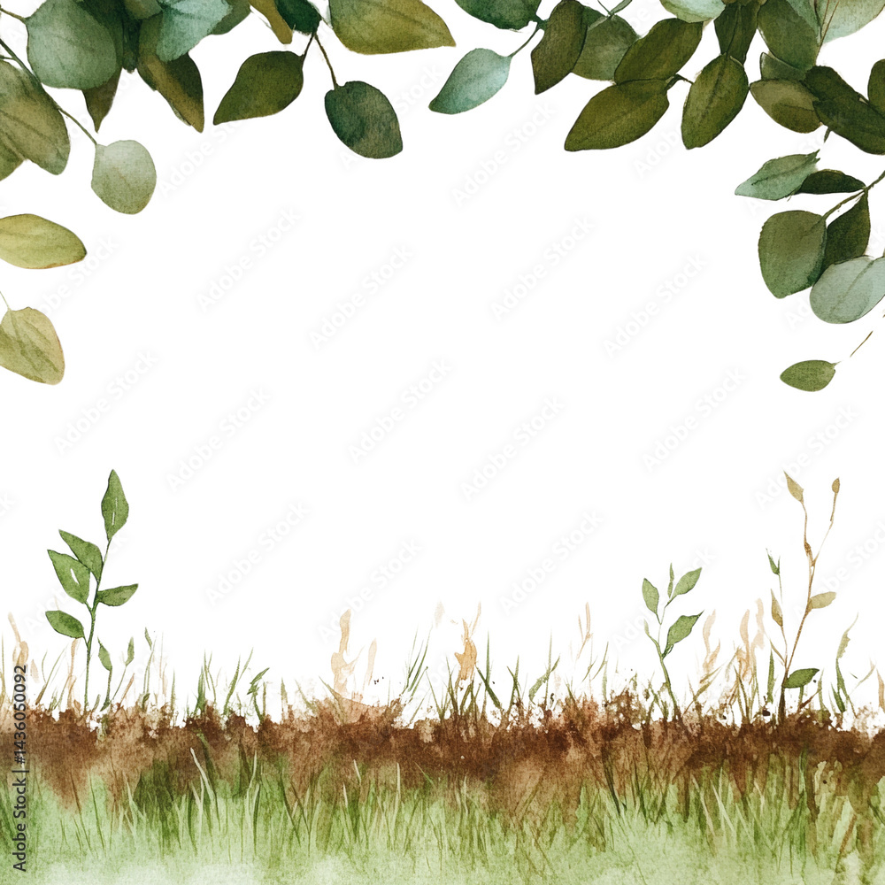 Poster elegant leafy botanical frame with grass meadow against an isolated simple scene