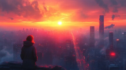 A stunning top view of a bustling city with skyscrapers and busy streets, captured during a golden sunset