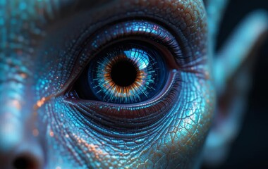 A close-up of an alien's eye with iridescent skin and intricate facial features