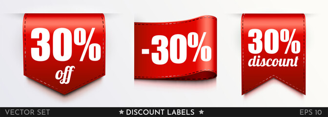 30 percent off. Ribbon sale tag. Red percentage label. Vector illustration