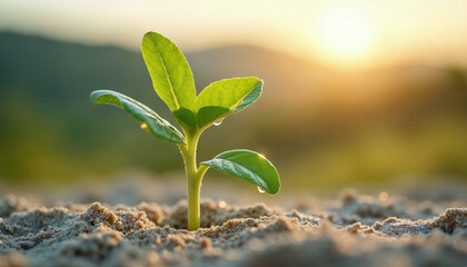 A delicate young plant with a water droplet on its leaf, sprouting from rich soil, symbolizing growth, freshness, and environmental care