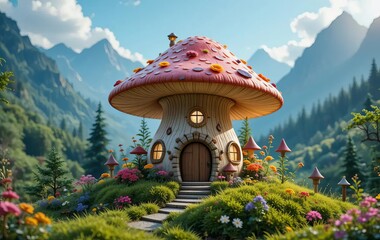 A miniature mushroom house nestled in a lush green landscape with mountains and forests in the background.