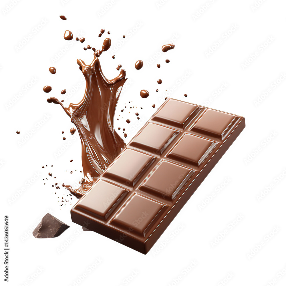 Poster chocolate bar with a few pieces broken off. surrounded by splashes of melted chocolate. creating an 
