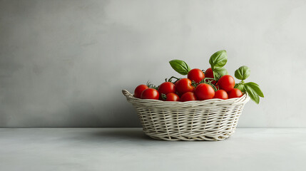 Basket of tomatoes with fresh basil leaves on a table, copy space