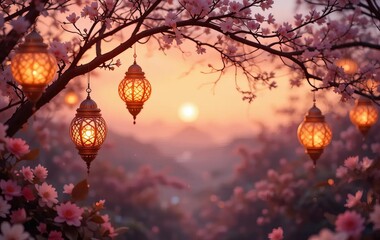 Obraz premium A digital illustration of a sunset sky with glowing lanterns hanging from tree branches, surrounded by bokeh lights and flowers.