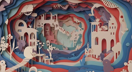 Paper Cutout Village Illustration