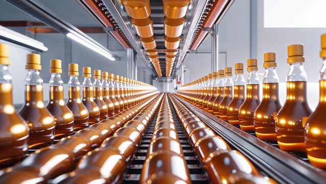 Aligned rows of bottles filled with a golden liquid move along a factory conveyor belt system.