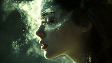 Fototapeta premium A profile view of a woman shrouded in ethereal dust.