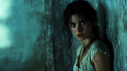 Fototapeta premium A young woman's pensive portrait in a distressed space.
