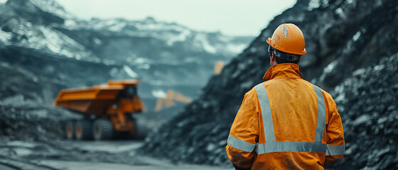 Miner in Safety Gear Overlooking a Quarry