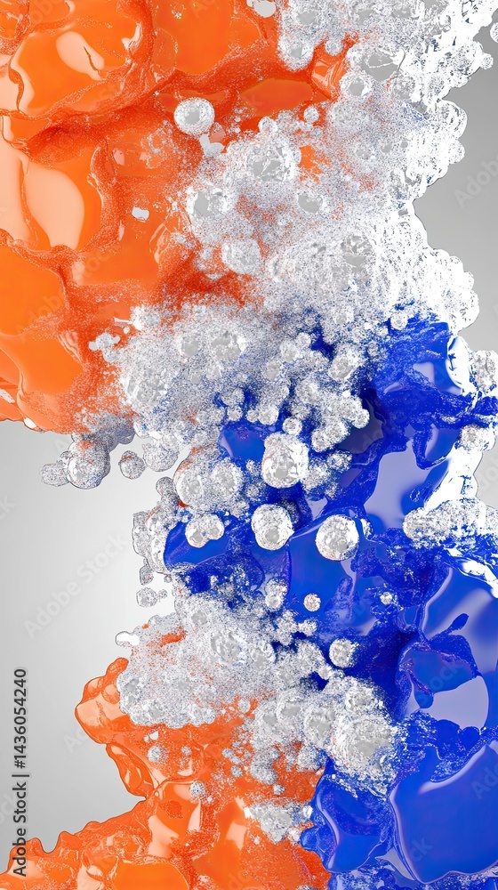 Poster colorful abstract fluid shapes in orange and blue with bubbles and splashes creating dynamic movemen
