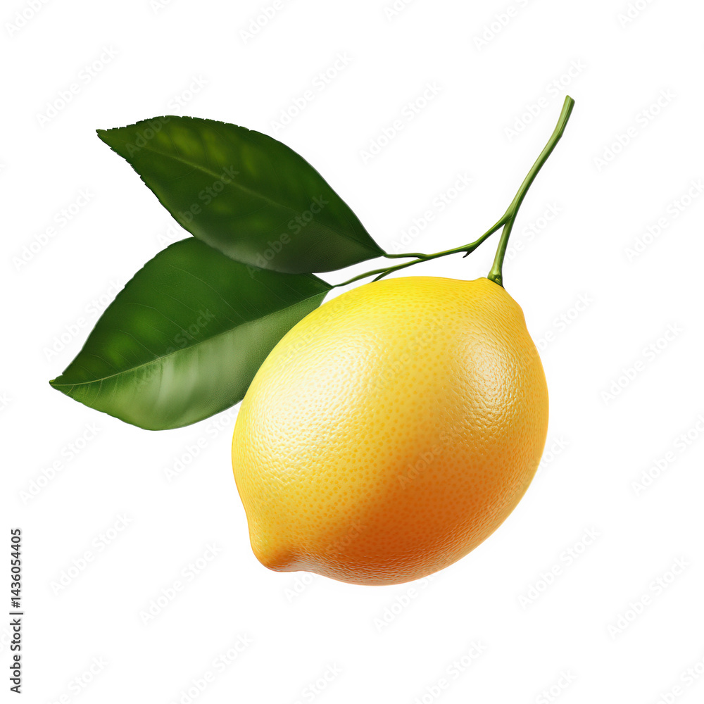 Poster vibrant lemon with a smooth texture. accompanied by two green leaves the lemon is positioned against