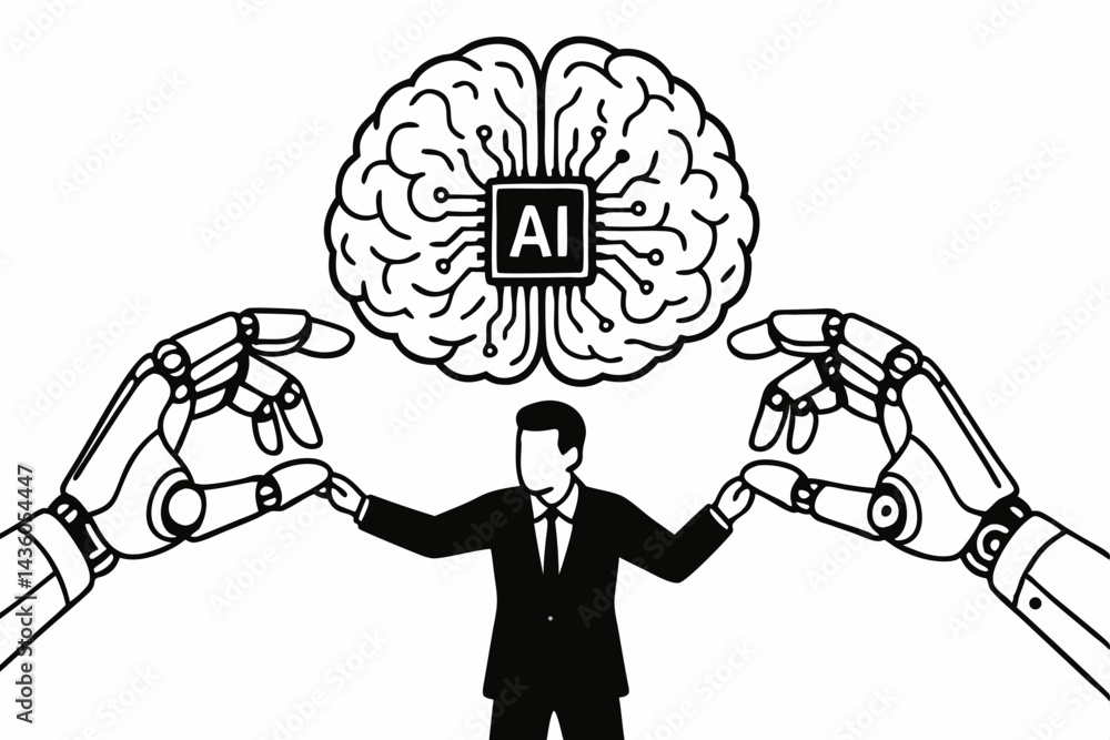 Aufkleber minimalist black and white vector graphic depicting ai neural integration concept with a chip in a b