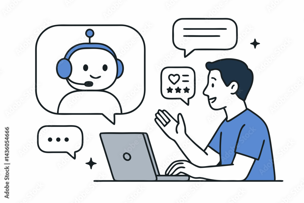 Poster streamlined customer service: ai chatbot interacting seamlessly with a happy customer through laptop