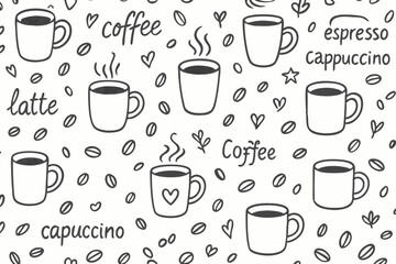 Hand drawn coffee doodle seamless pattern vector. Black and white sketch background with cups, mugs, beans, latte, espresso, cappuccino text. Ideal for cafe menus, wallpaper, or fabric prints.
