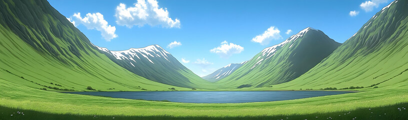 Serene lake nestled in green valley, snow-capped mountains