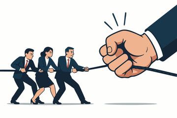 Vector graphic of a business team in suits engaged in a tug-of-war against a giant corporate hand, symbolizing market competition, power dynamics, business challenges, and team effort.