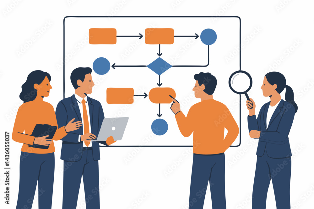 Poster professional team analyzing workflow diagram. vector illustration showing business meeting, project 