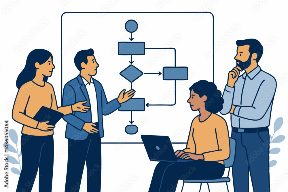 Poster project management team brainstorming workflow optimization. vector illustration of business people 