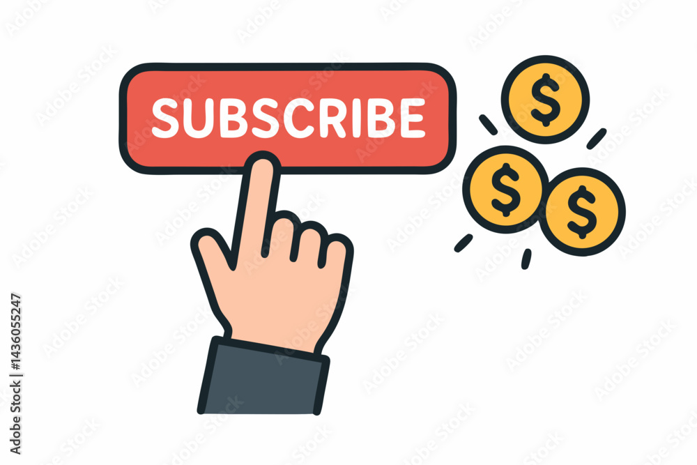 Aufkleber subscribe button clicked by hand pointer cursor with gold dollar coins icon, symbolizing paid subscr